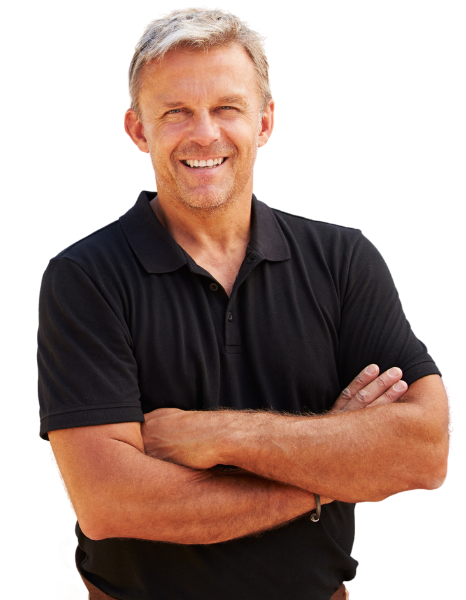 A smiling man in a black shirt with loft insulation.