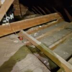 An attic with a wooden floor and a ladder.