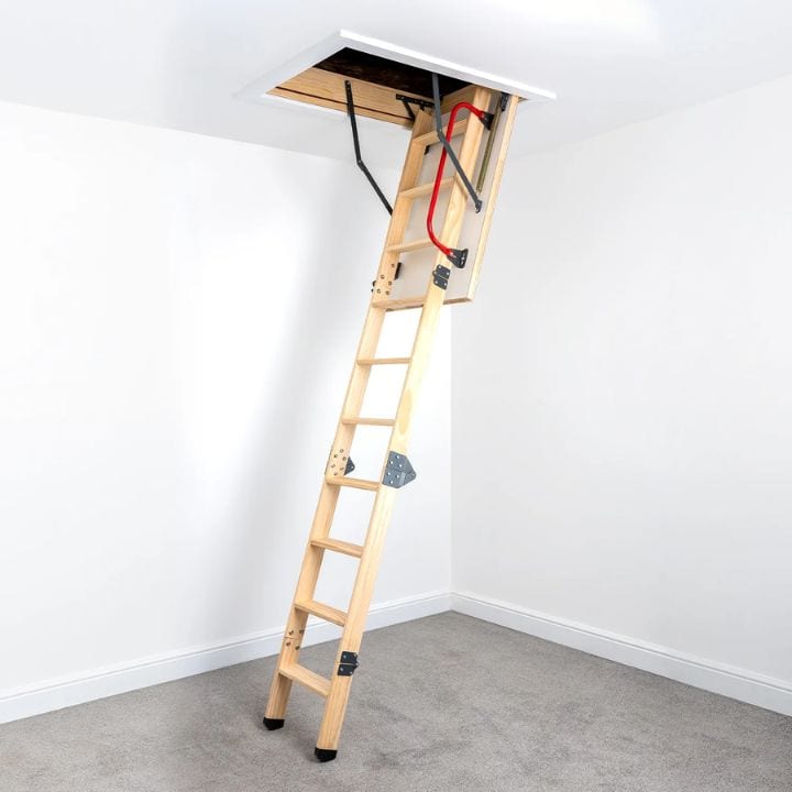 Wooden loft ladder with safety rails and hatch opening.