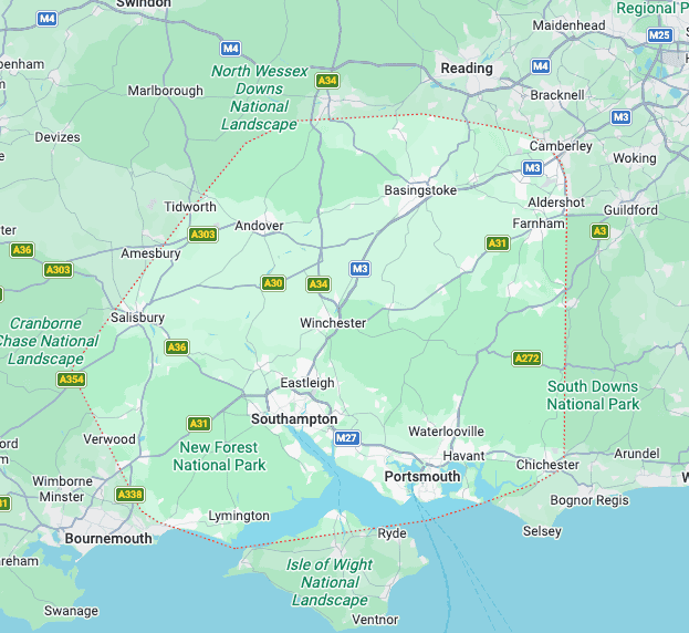A map showing the Hampshire area which is serviced by Loft Insulation Specialists.