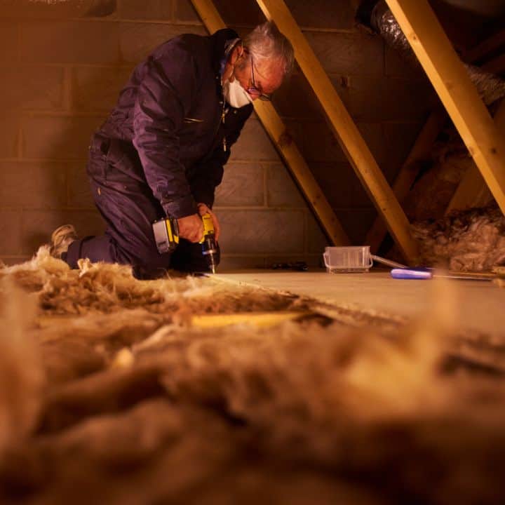 Loft insulation specialist fitting boarding on attic rafters.