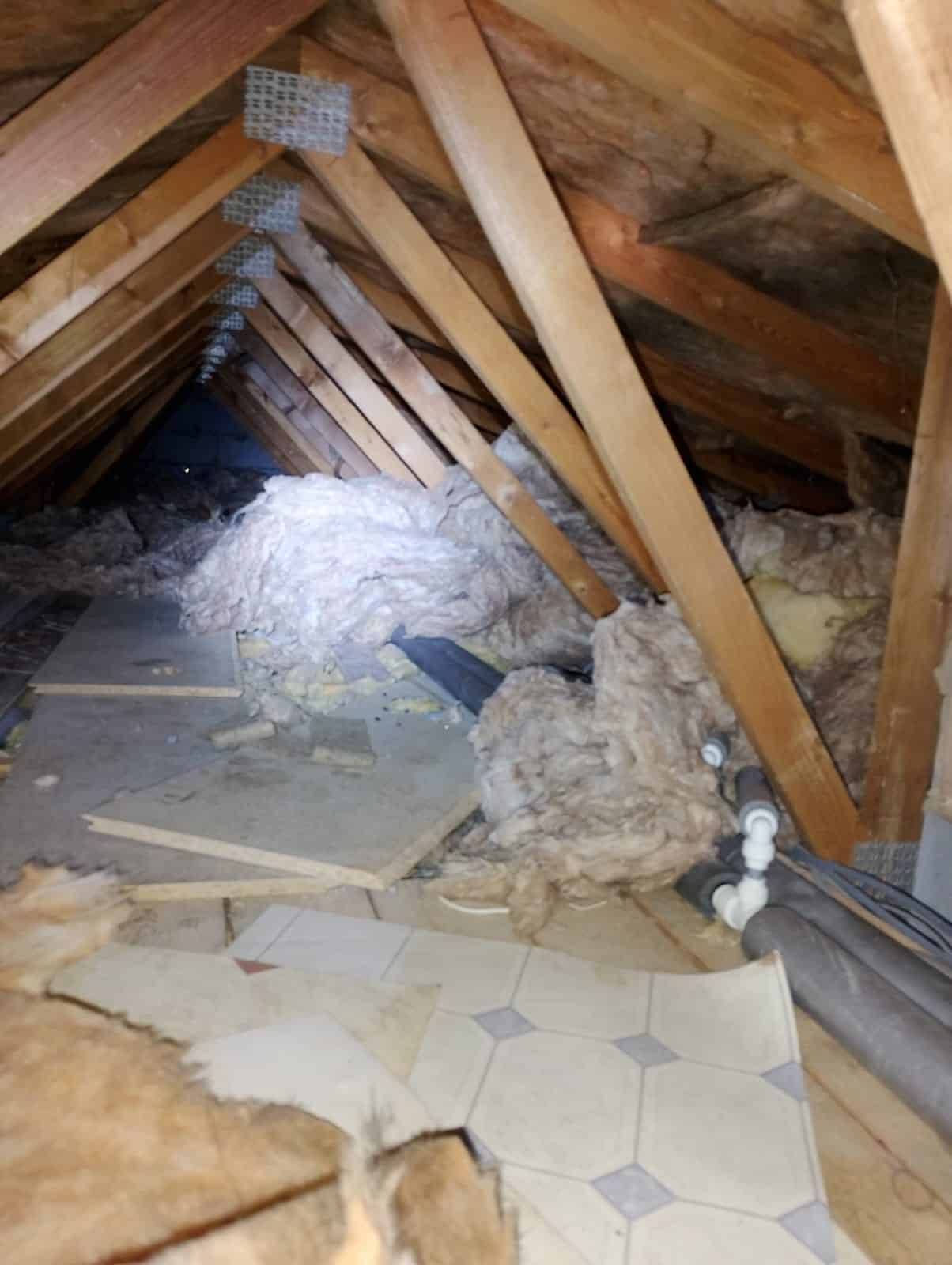 Loft insulation being installed in an attic space with wooden beams and insulation material.