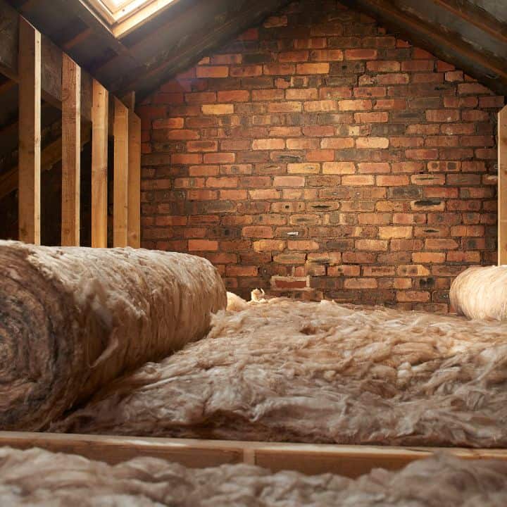 Attic loft insulation with rolls of fibreglass insulation material installed between wooden rafters.