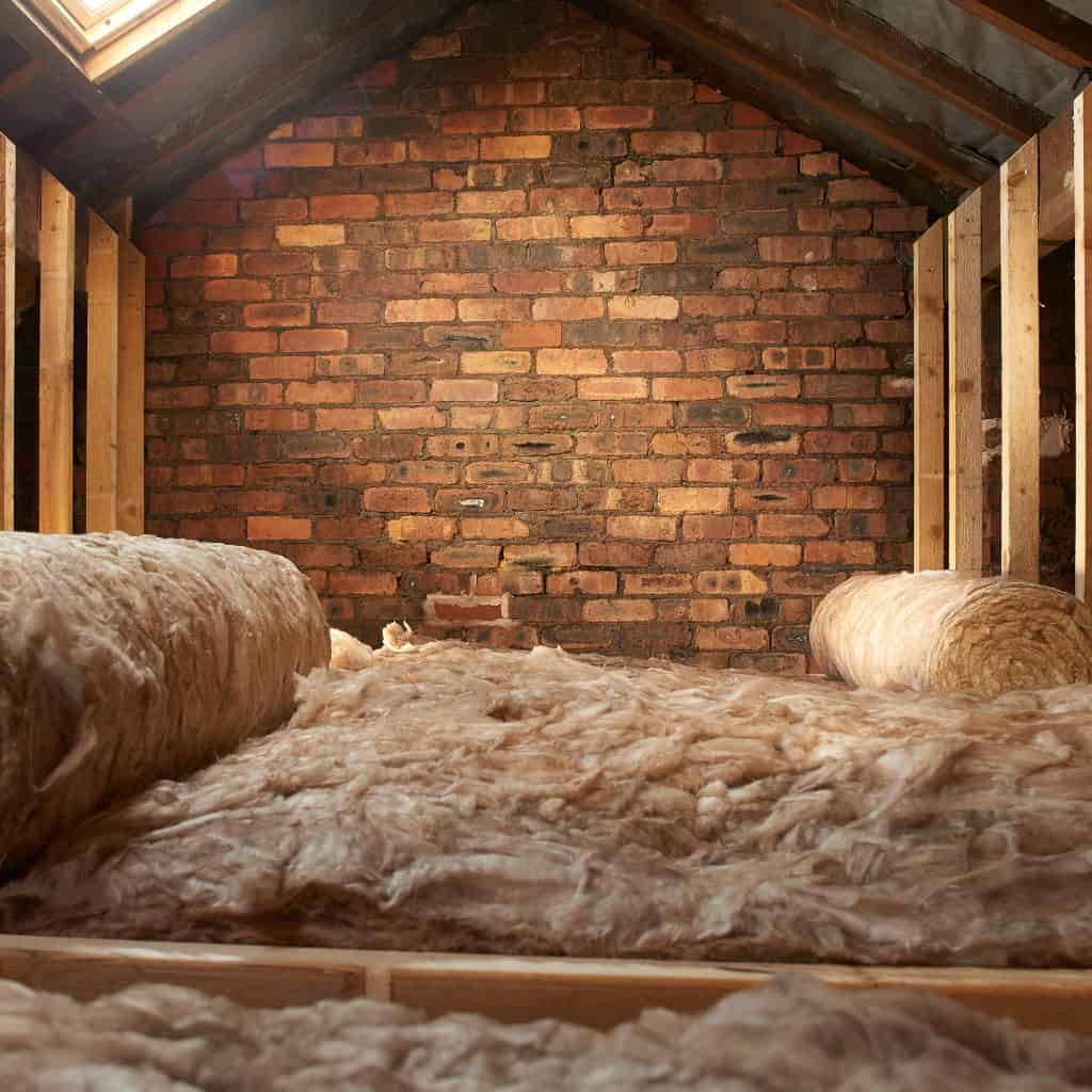 Loft insulation in attic with fibreglass rolls and brick wall background.