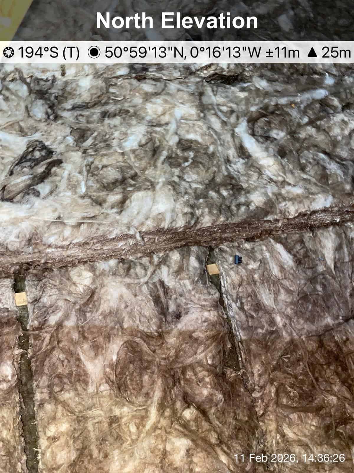 Insulation layer within a rock formation at North Elevation, showing geological features and mineral.