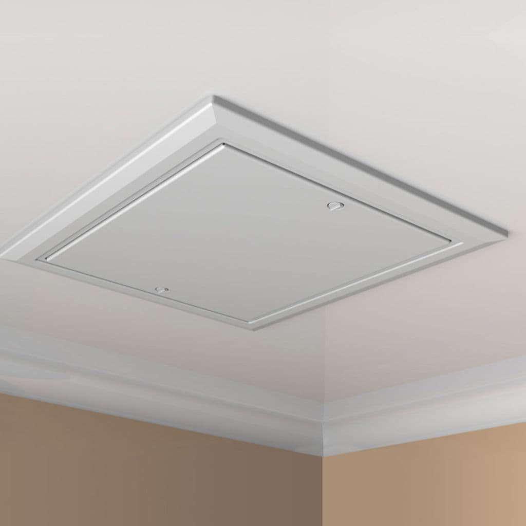 Ceiling hatch with insulation access panel in a modern room.