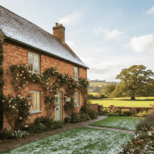 Loft insulation specialists installing in a traditional brick house with garden, enhancing energy ef.