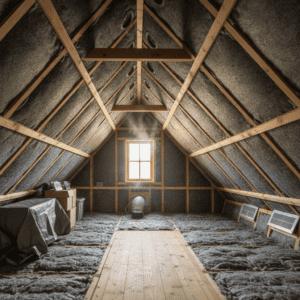 Attic insulation being installed in a loft to improve energy efficiency and reduce heating costs.