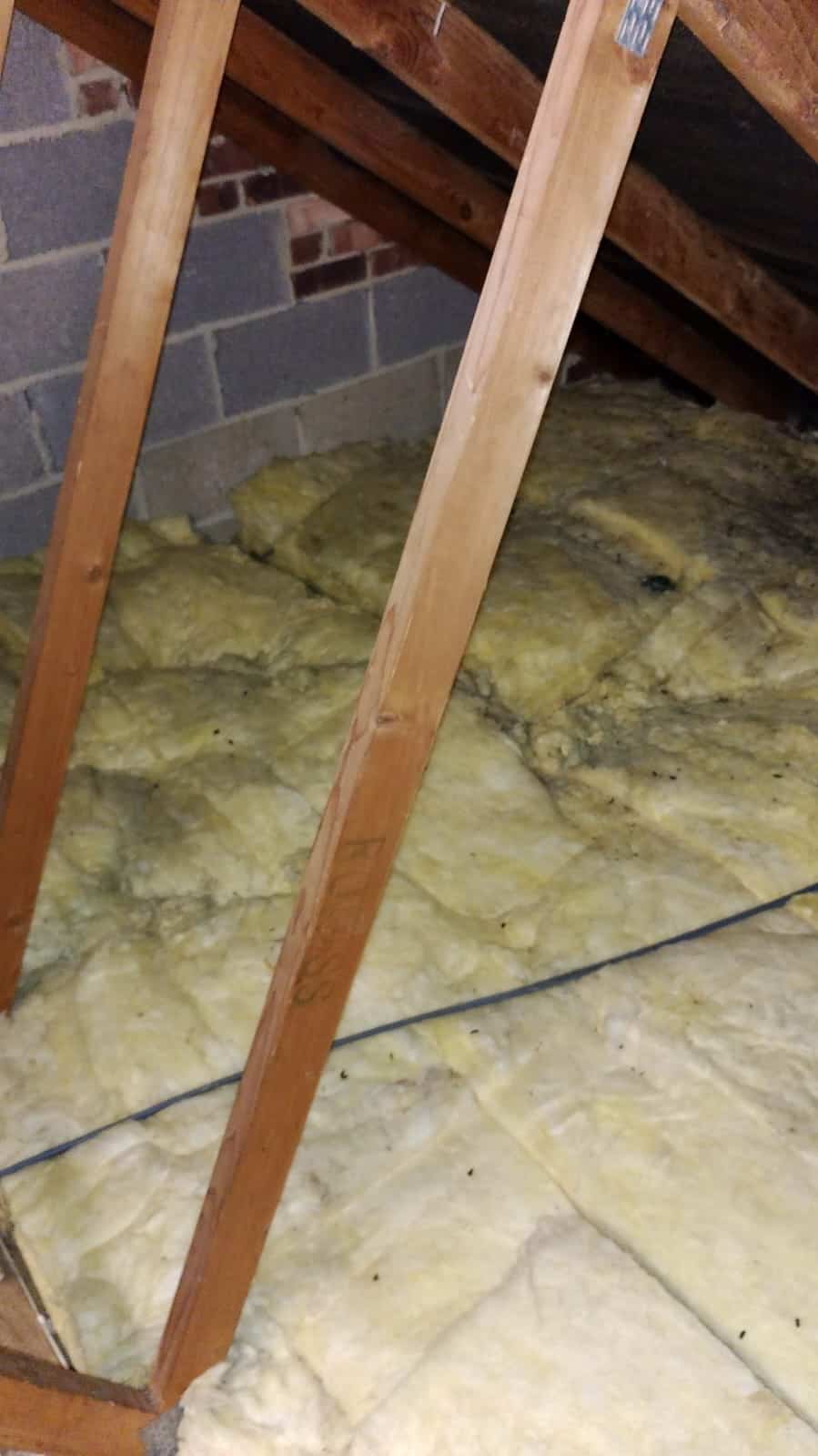 Loft insulation being installed between roof rafters.