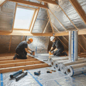 Loft insulation specialists fitting thermal insulation under the roof in an attic.