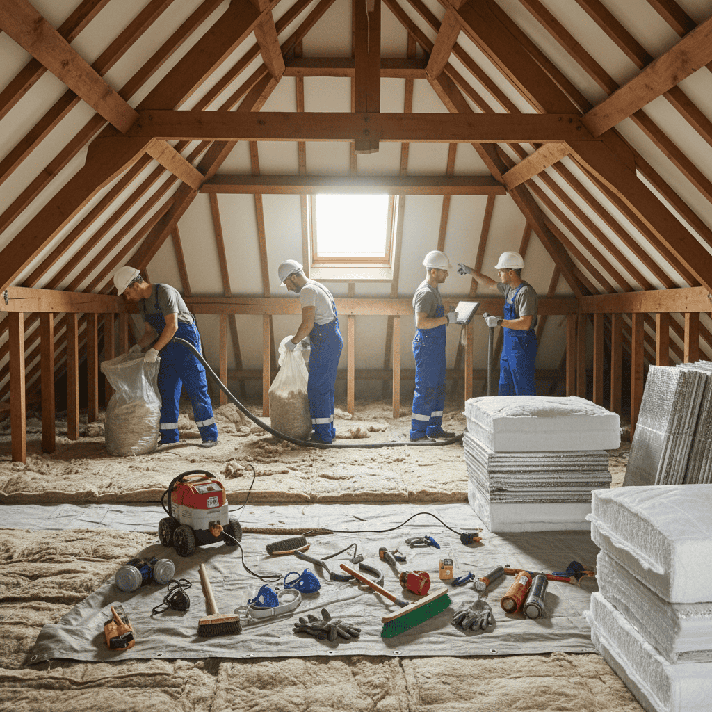 Skilled workers installing loft insulation in an attic space.