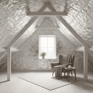 Attic loft insulation with reflective foil insulation panels for energy efficiency.