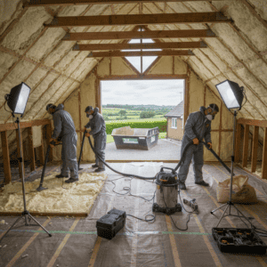 Loft insulation specialists installing insulation in an attic space.