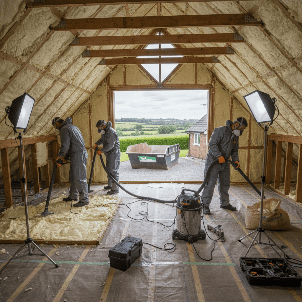 Loft insulation specialists installing insulation in an attic space.