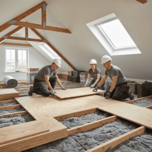 Team installing insulation boards in attic space with wooden beams and skylights.
