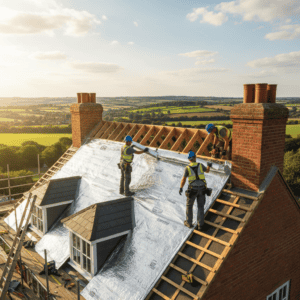 Workers installing roof insulation on a house roof with reflective foil underlay.