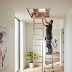 Man installing loft insulation through attic hatch in modern home.