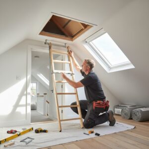 Attic insulation specialist installing insulation through roof hatch.