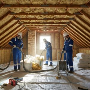Workers installing loft insulation in an attic with insulation materials and equipment.