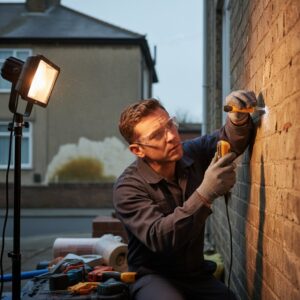 Man installing wall insulation with a drill outside a brick house at dusk.
