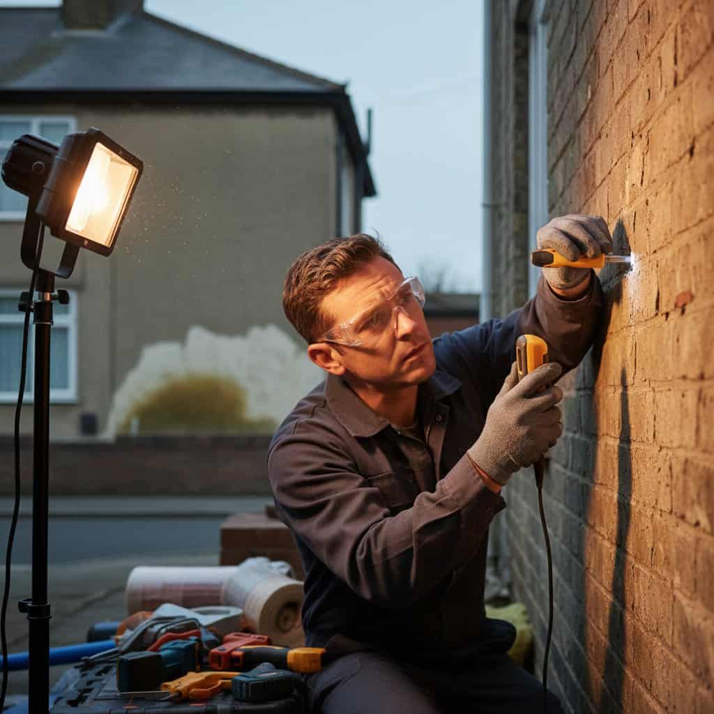 Man installing wall insulation with a drill outside a brick house at dusk.