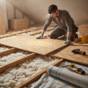 Man installing loft insulation with tools and plywood sheets in attic.