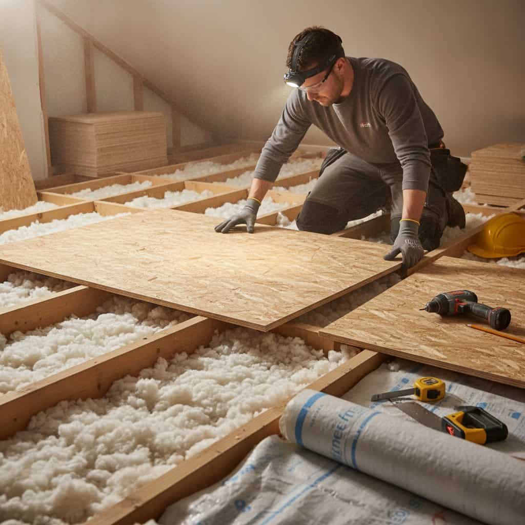 Man installing loft insulation with tools and plywood sheets in attic.