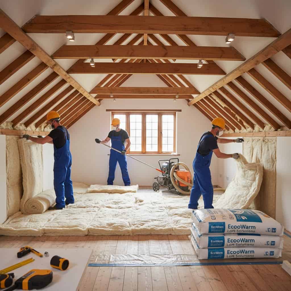 Professional loft insulation installation by experts in a spacious attic room.