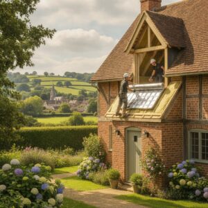 Workers installing loft insulation on a house roof with scenic countryside background.