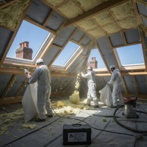 Workers installing loft insulation in an attic with skylights for energy efficiency.