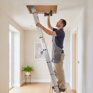 Man installing loft insulation using a ladder and power drill.