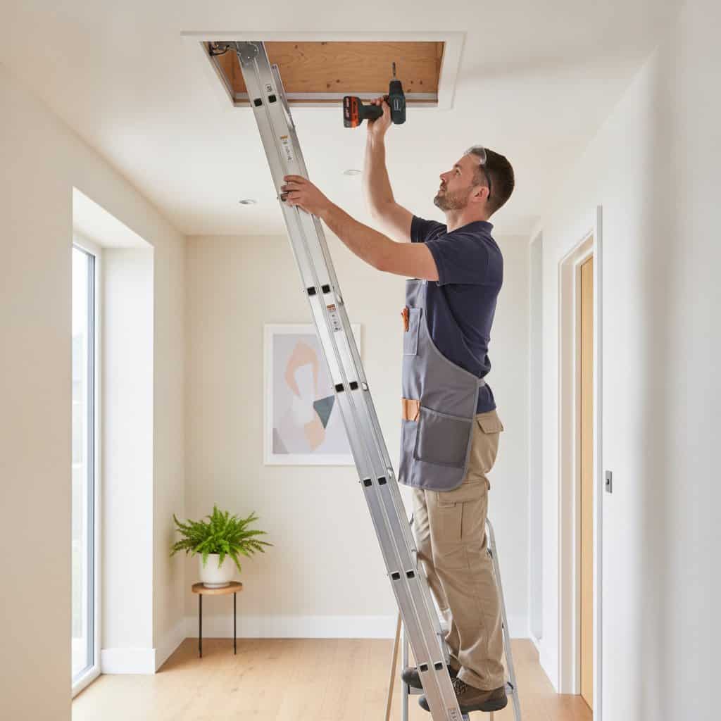 Man installing loft insulation using a ladder and power drill.