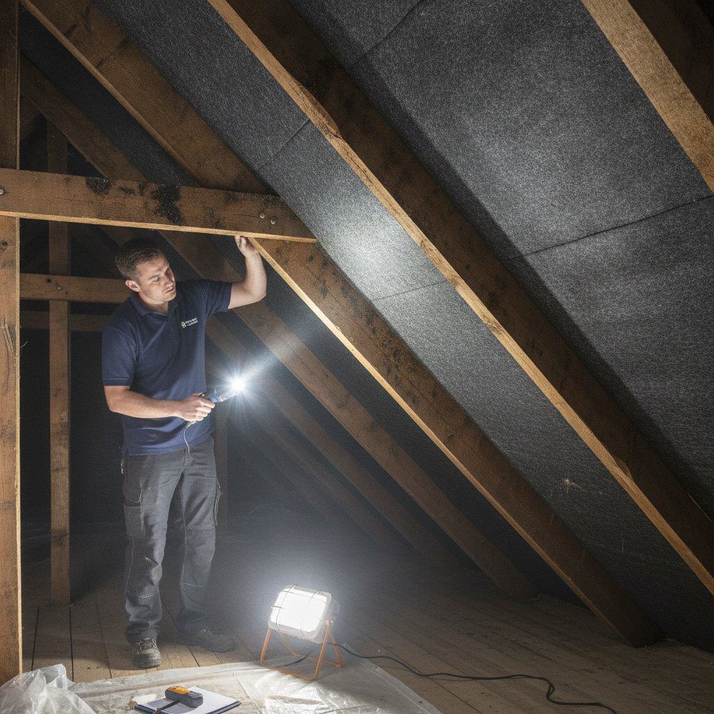 Man installing loft insulation with flashlight in attic space.