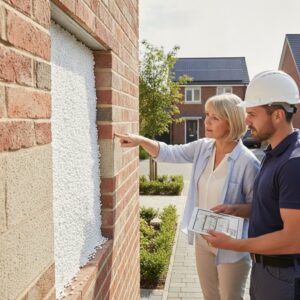 Two professionals inspecting loft insulation in a residential area.