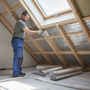 Man installing reflective loft insulation under a roof window.