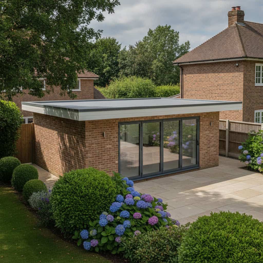 Contemporary garden room with large glass doors and flat roof in a landscaped garden.