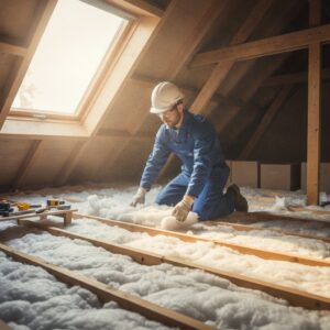Insulation specialist installing loft insulation in an attic space.