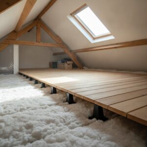 Attic with new loft insulation and wooden flooring under skylight.