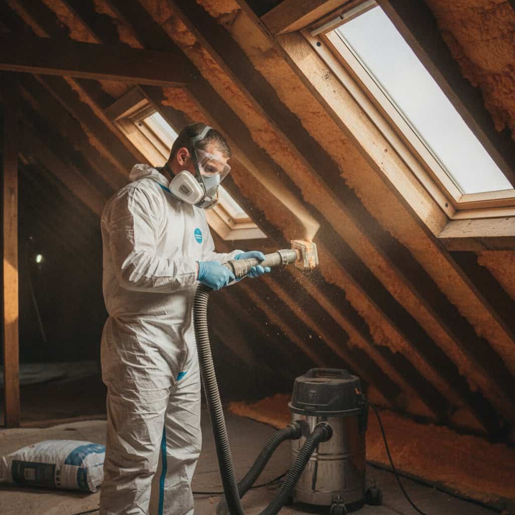 Professional worker installing loft insulation in an attic space.