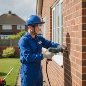 Worker installing loft insulation in a residential home with power tools.
