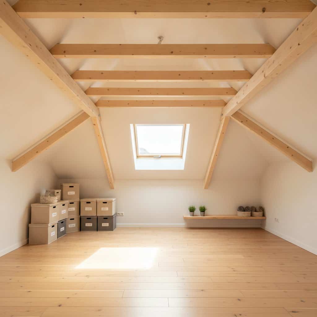 Empty attic with wooden beams and skylight for insulation.