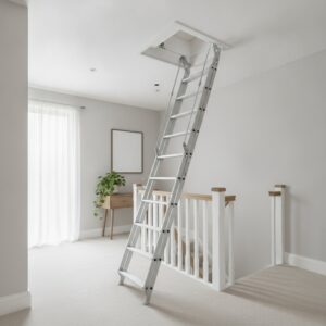 Aluminium attic ladder extended to access loft space in a modern home.