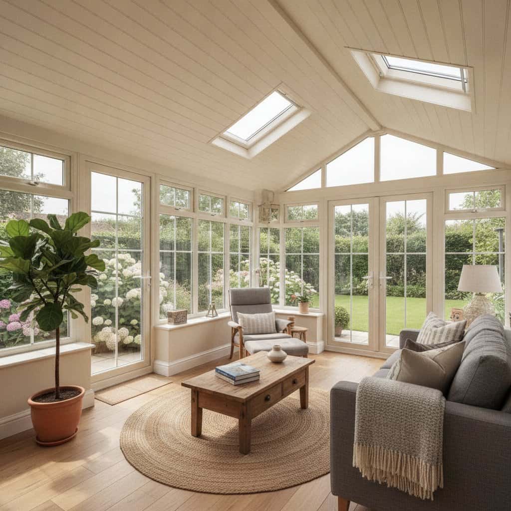 Sunlit conservatory with large windows, skylights, and cozy furniture.
