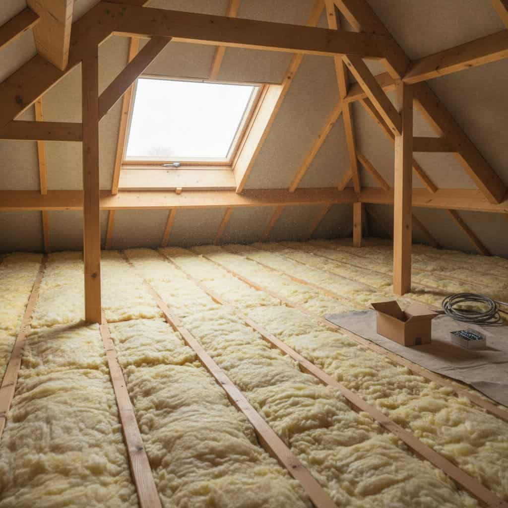 Attic with new loft insulation and skylight window.