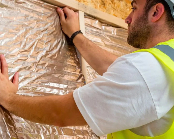 A man in a hard hat is applying spray foam insulation on a wall.
